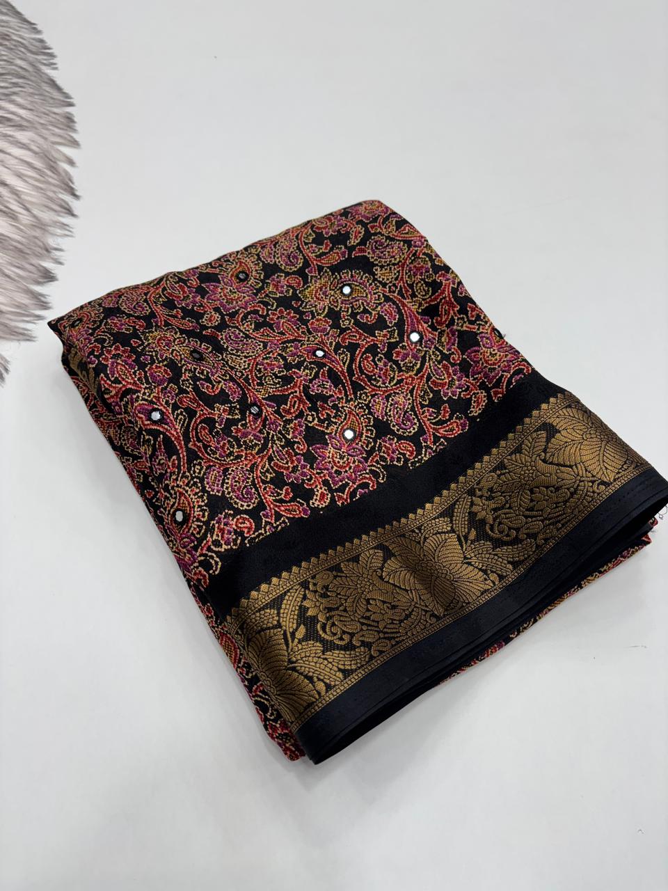 Delightful Festive Wear Pure Soft Silk Jacquard Border Mirror Work Fancy Designer Saree With Blouse Piece
