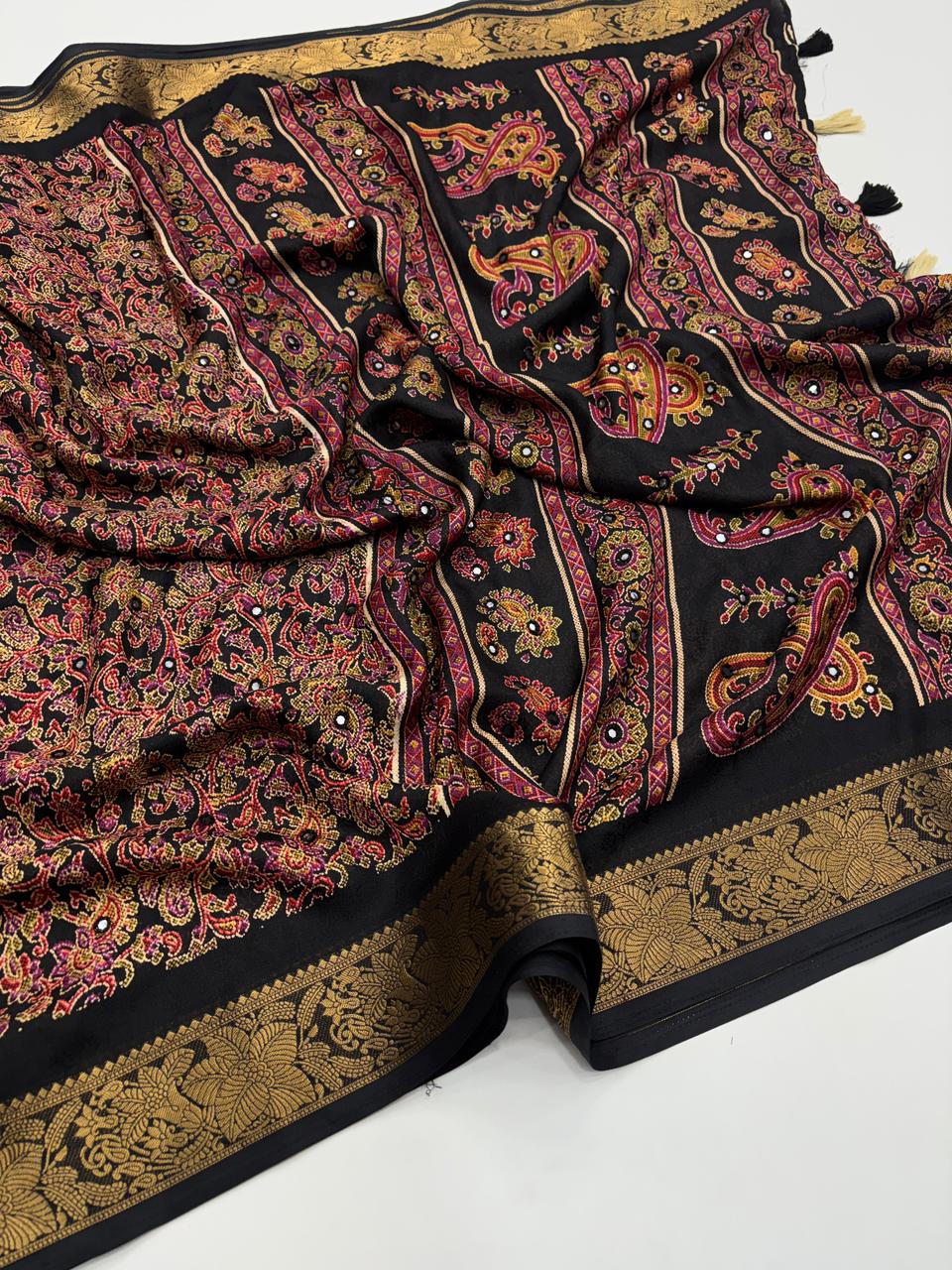 Delightful Festive Wear Pure Soft Silk Jacquard Border Mirror Work Fancy Designer Saree With Blouse Piece