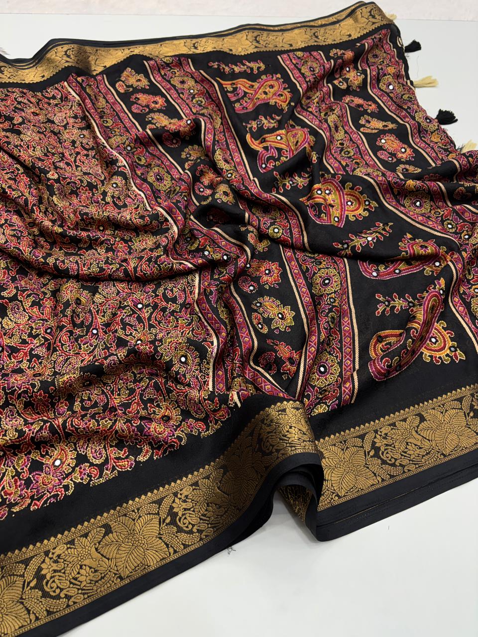 Delightful Festive Wear Pure Soft Silk Jacquard Border Mirror Work Fancy Designer Saree With Blouse Piece