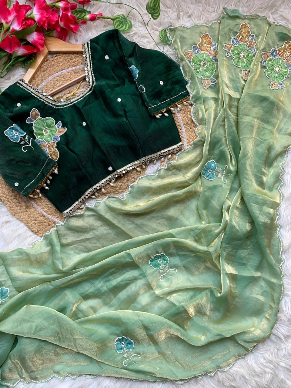 Gratifying Function Wear Silk Sequence Work n Flower Butti Arco Border Desginer Saree For Ocassion