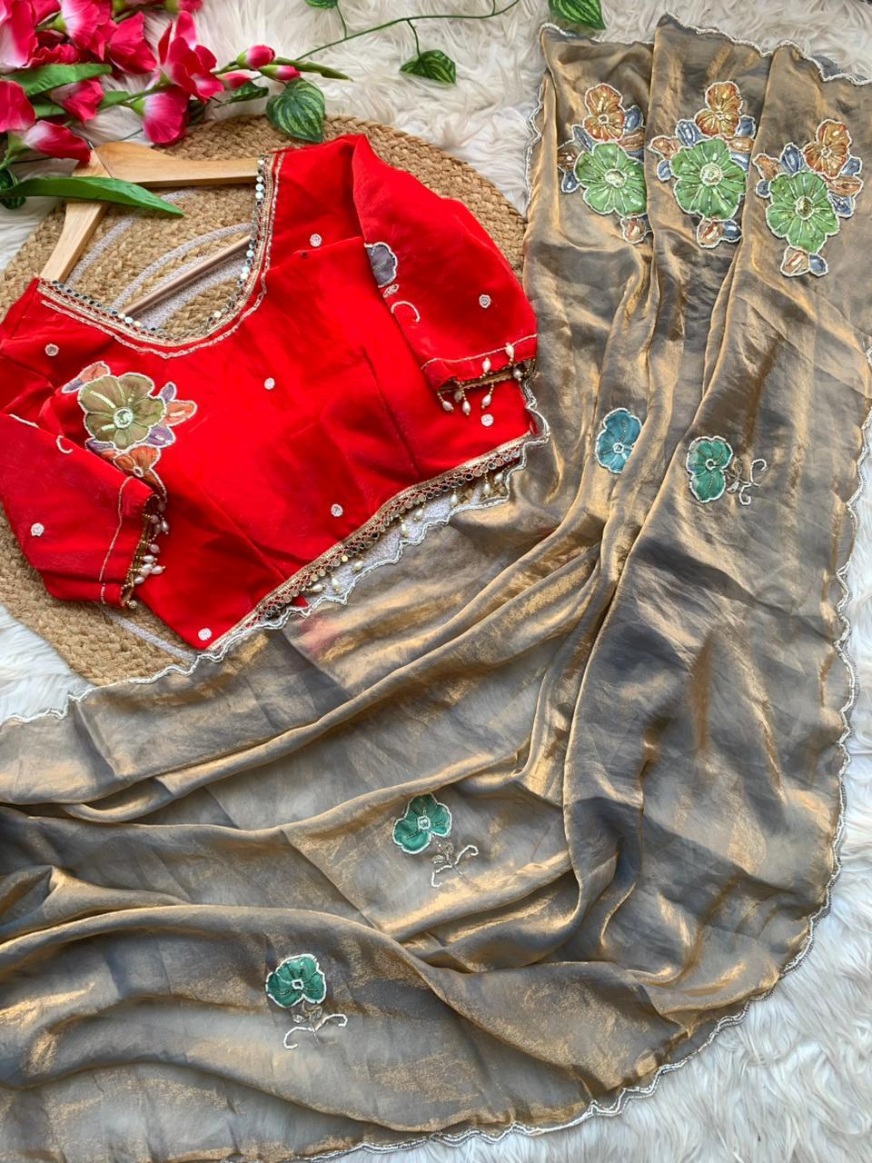 Gratifying Function Wear Silk Sequence Work n Flower Butti Arco Border Desginer Saree For Ocassion