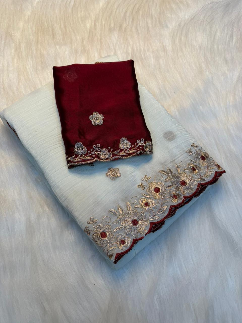 Latest Wedding Wear Crunchy Chiffon Silk Embroidery n Cut Work Designer Saree With Contrast Blouse piece