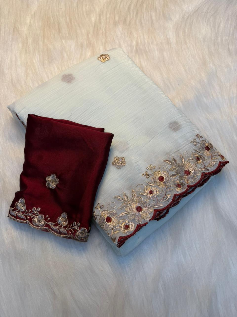 Latest Wedding Wear Crunchy Chiffon Silk Embroidery n Cut Work Designer Saree With Contrast Blouse piece