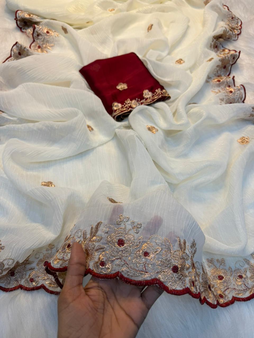 Latest Wedding Wear Crunchy Chiffon Silk Embroidery n Cut Work Designer Saree With Contrast Blouse piece
