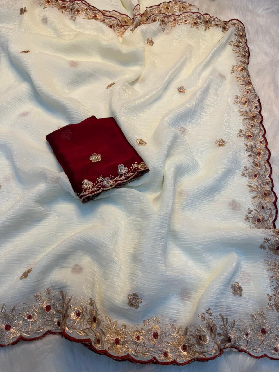 Latest Wedding Wear Crunchy Chiffon Silk Embroidery n Cut Work Designer Saree With Contrast Blouse piece