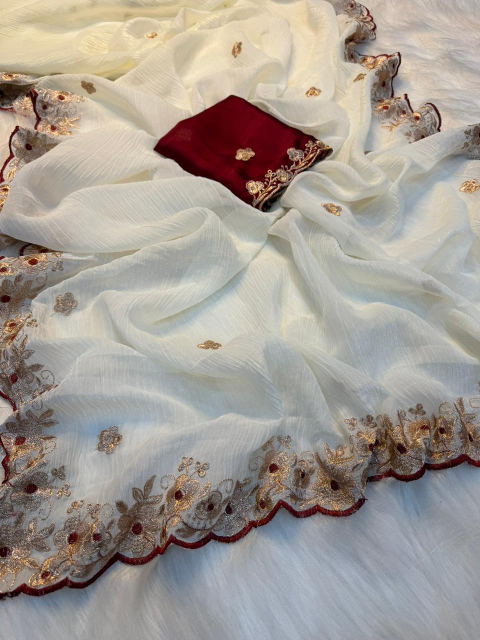 Latest Wedding Wear Crunchy Chiffon Silk Embroidery n Cut Work Designer Saree With Contrast Blouse piece