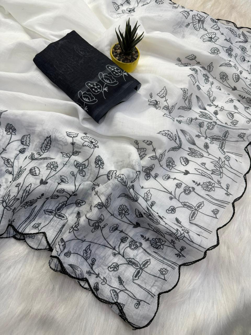 Glorious Festive Wear Linen Cotton Digital Print Work Fancy Saree With Contrast Blouse Piece