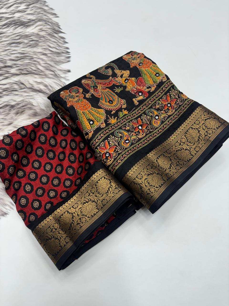 Artisanal Festive Wear Pure Silk Ajrak Printed Rich Pallu n Mirror Work Fancy Designer Saree With Blouse Piece