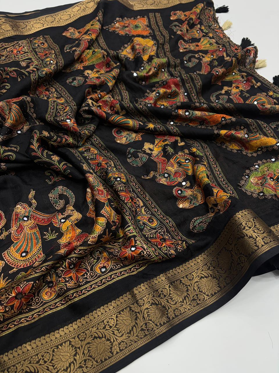 Artisanal Festive Wear Pure Silk Ajrak Printed Rich Pallu n Mirror Work Fancy Designer Saree With Blouse Piece