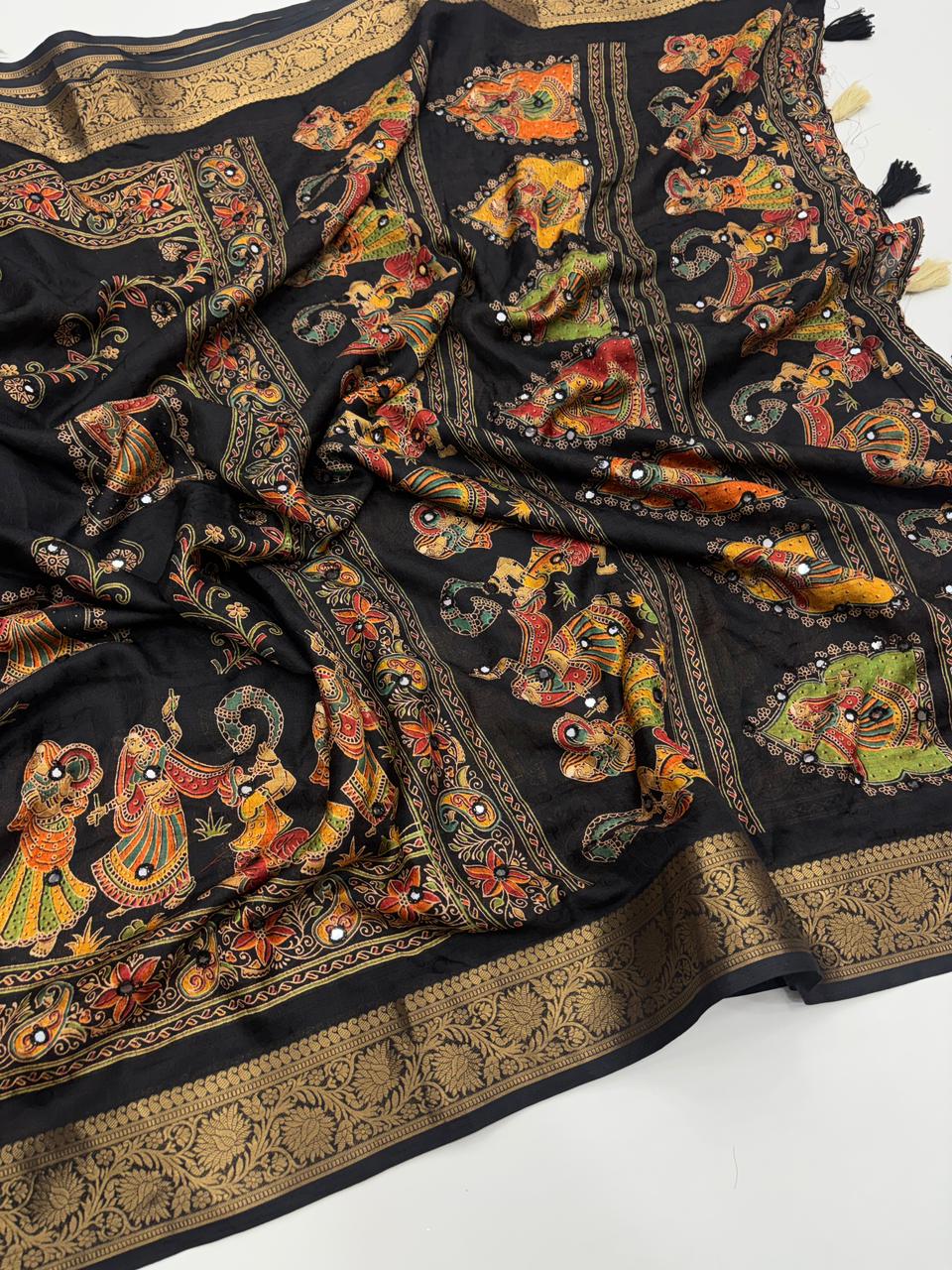 Artisanal Festive Wear Pure Silk Ajrak Printed Rich Pallu n Mirror Work Fancy Designer Saree With Blouse Piece