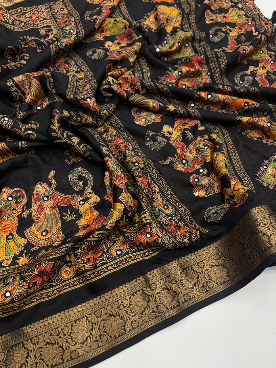Artisanal Festive Wear Pure Silk Ajrak Printed Rich Pallu n Mirror Work Fancy Designer Saree With Blouse Piece