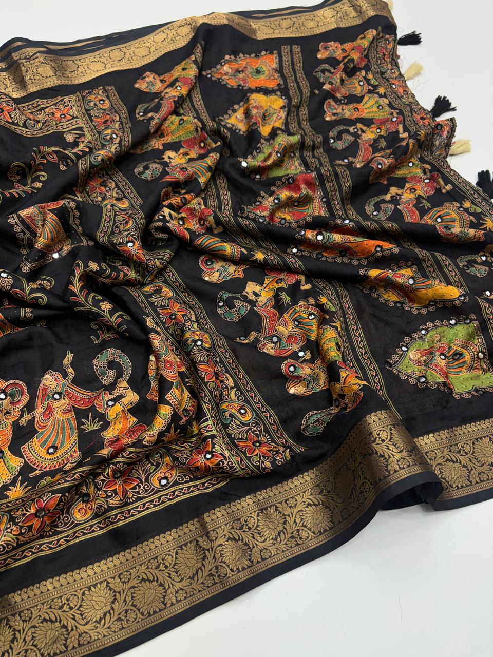 Artisanal Festive Wear Pure Silk Ajrak Printed Rich Pallu n Mirror Work Fancy Designer Saree With Blouse Piece