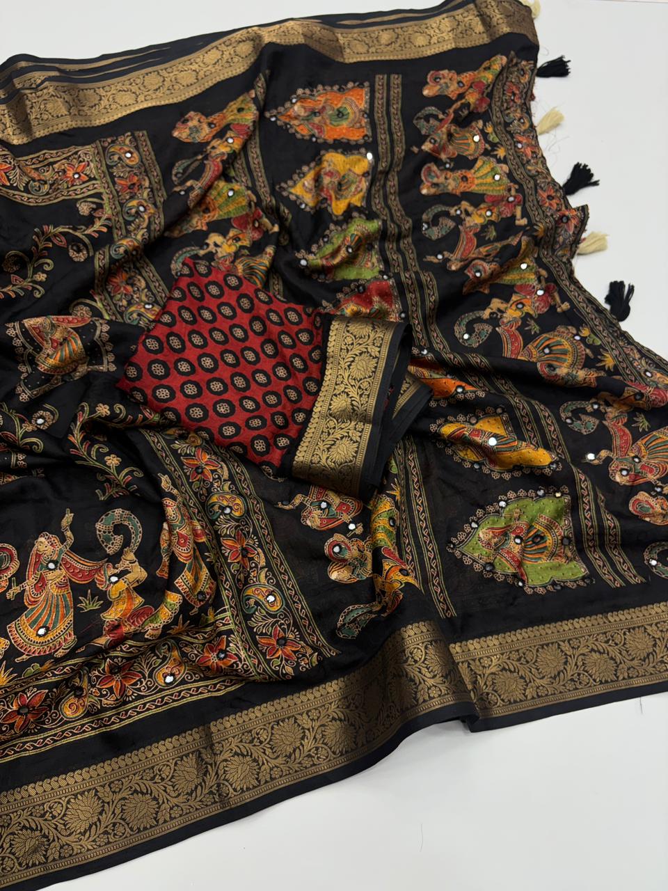 Artisanal Festive Wear Pure Silk Ajrak Printed Rich Pallu n Mirror Work Fancy Designer Saree With Blouse Piece