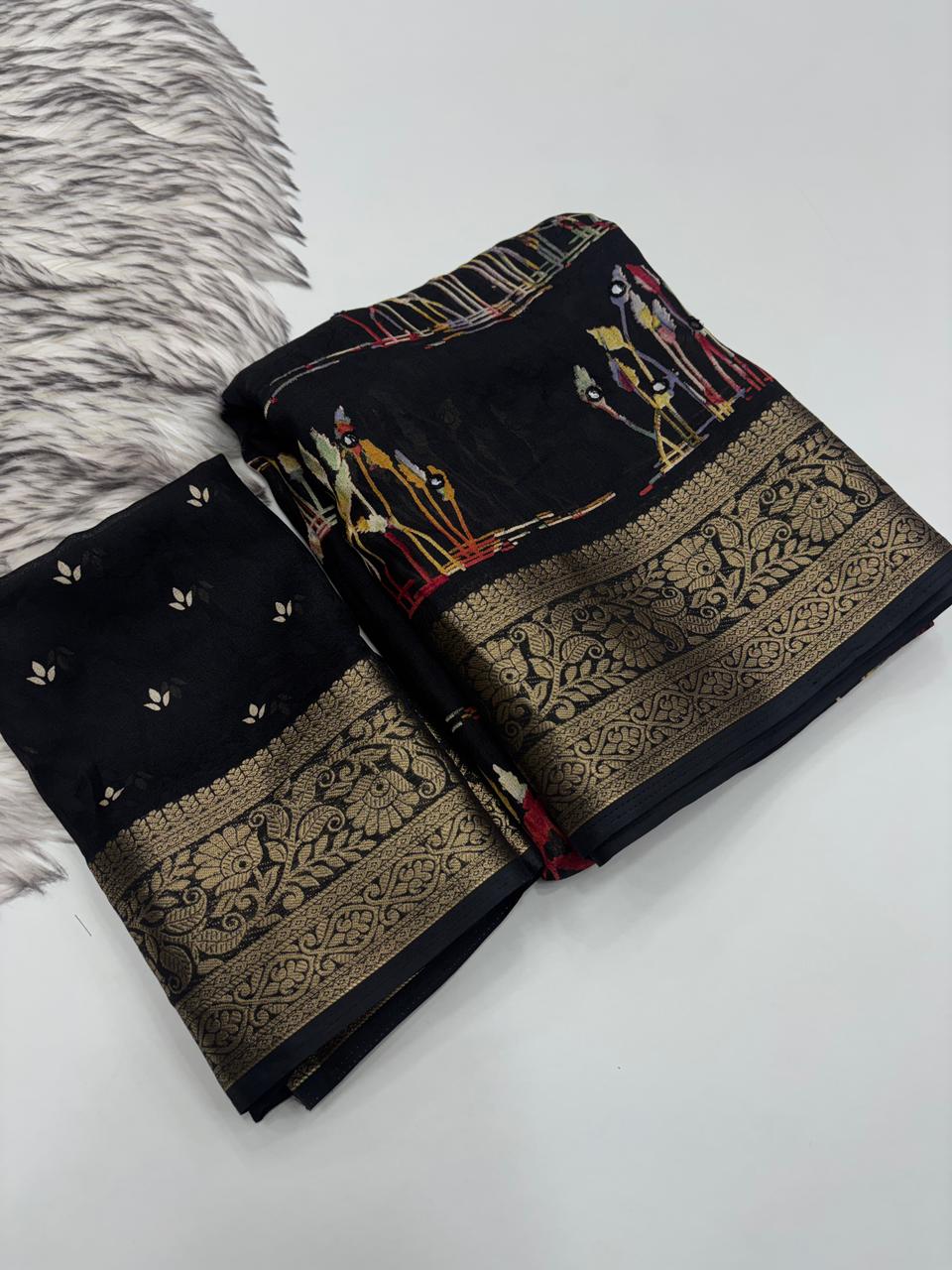 Splendorous Function Wear Pure Silk Printed Rich Pallu n Mirror Work Designer Saree For Women