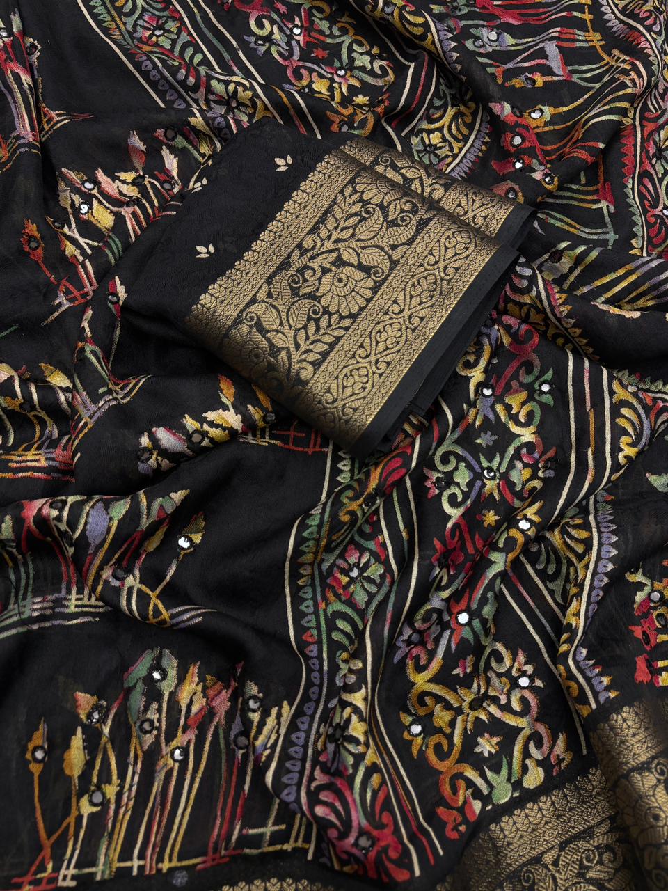 Splendorous Function Wear Pure Silk Printed Rich Pallu n Mirror Work Designer Saree For Women