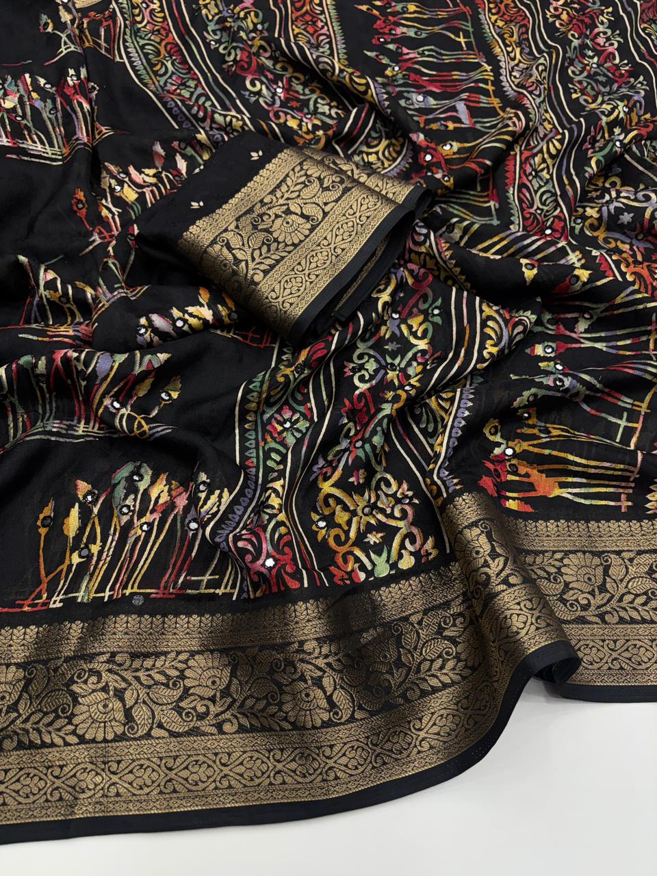 Splendorous Function Wear Pure Silk Printed Rich Pallu n Mirror Work Designer Saree For Women