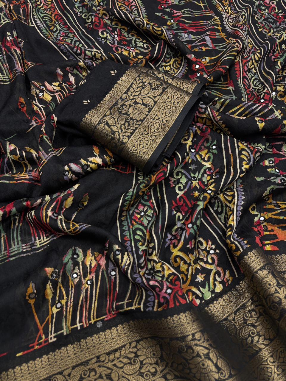 Splendorous Function Wear Pure Silk Printed Rich Pallu n Mirror Work Designer Saree For Women