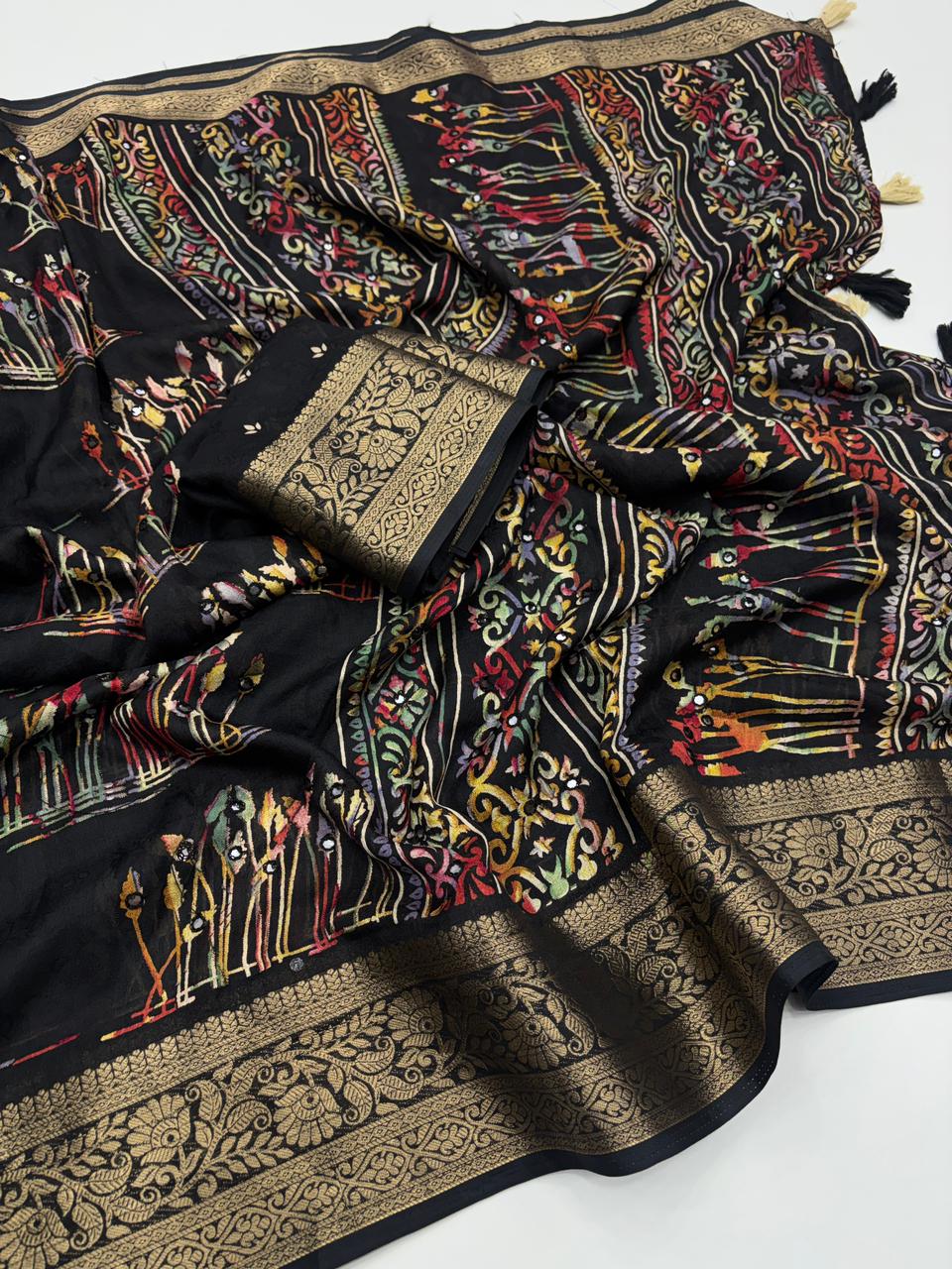 Splendorous Function Wear Pure Silk Printed Rich Pallu n Mirror Work Designer Saree For Women