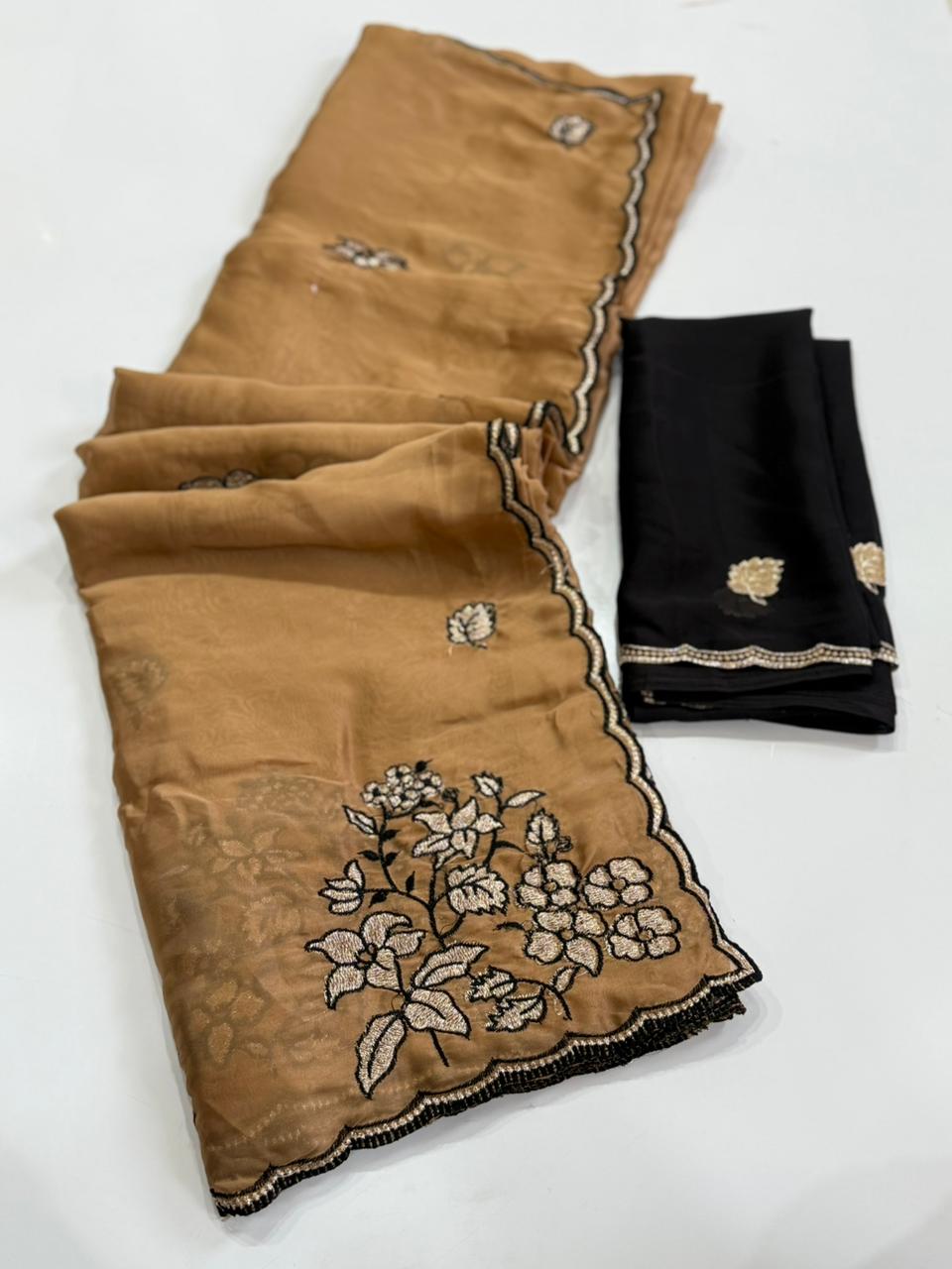 Redolent Party Wear Rangoli Silk Embroidery n Sequence Work Butti Designer Saree With Contrast Blouse Piece