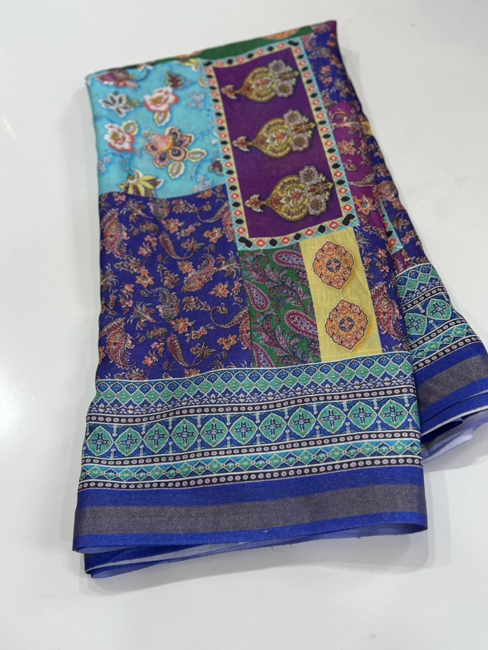 Desirable Festive Wear Soft Linen Print n Zari Patti Border Fancy Saree With Blouse Piece