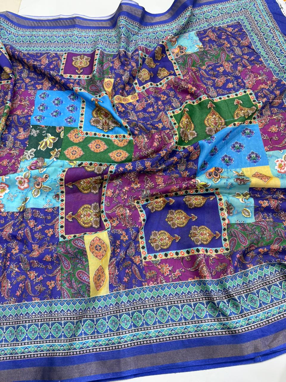 Desirable Festive Wear Soft Linen Print n Zari Patti Border Fancy Saree With Blouse Piece