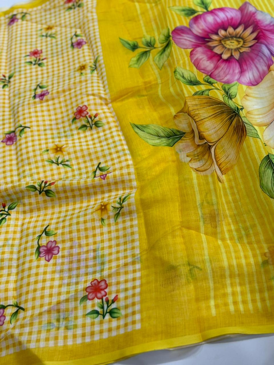 Captivating Function Wear Soft Linen Cotton Chex Print With Floral Design Fancy Saree For Women