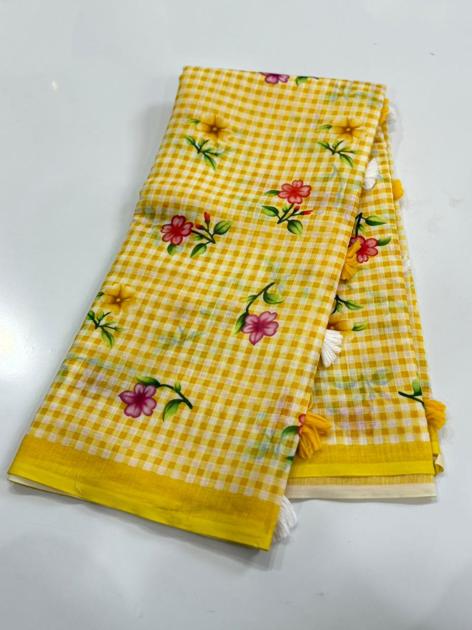 Captivating Function Wear Soft Linen Cotton Chex Print With Floral Design Fancy Saree For Women