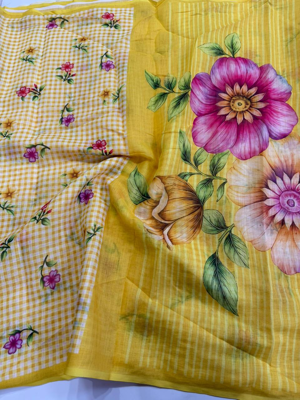 Captivating Function Wear Soft Linen Cotton Chex Print With Floral Design Fancy Saree For Women