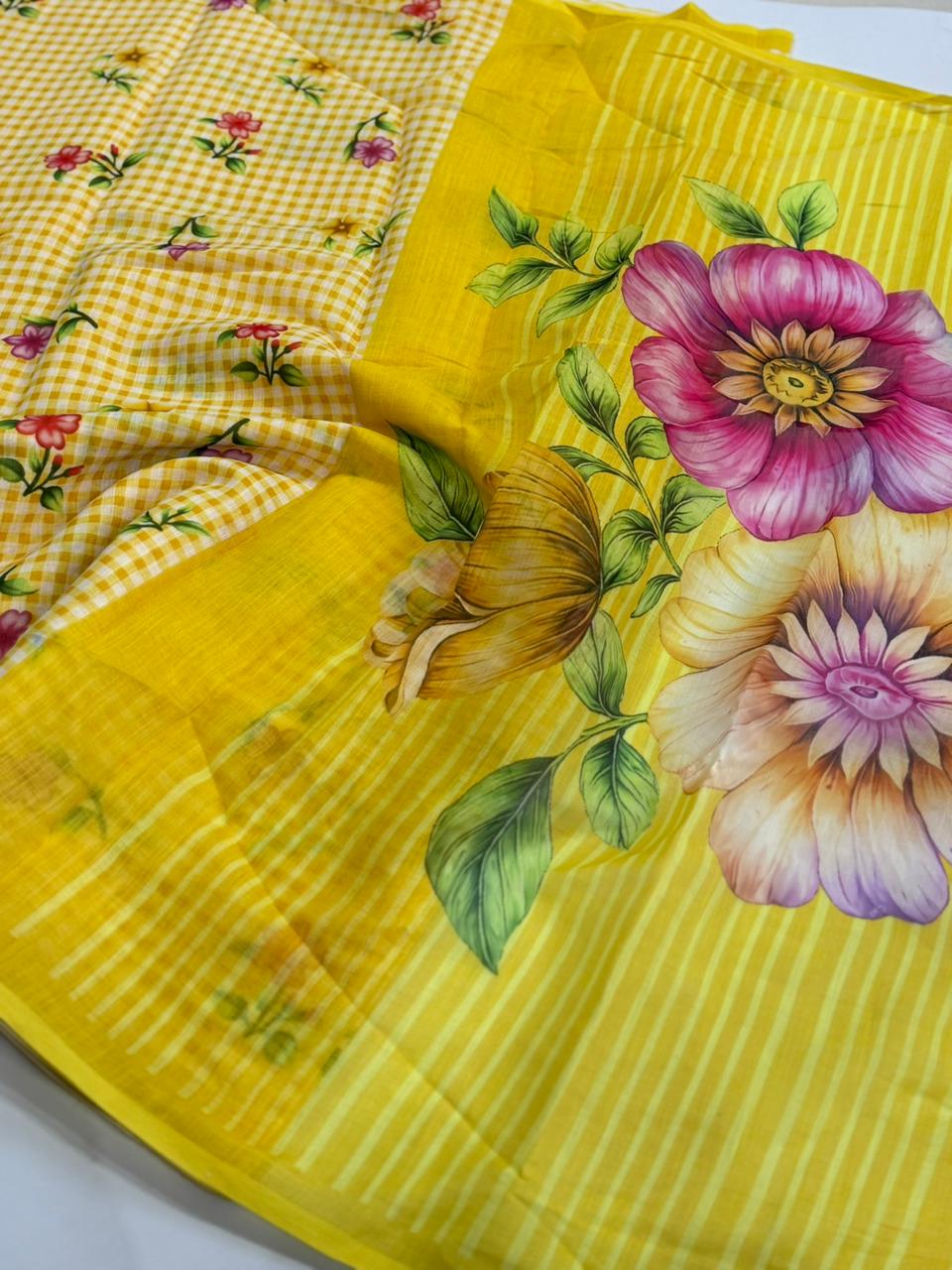 Captivating Function Wear Soft Linen Cotton Chex Print With Floral Design Fancy Saree For Women