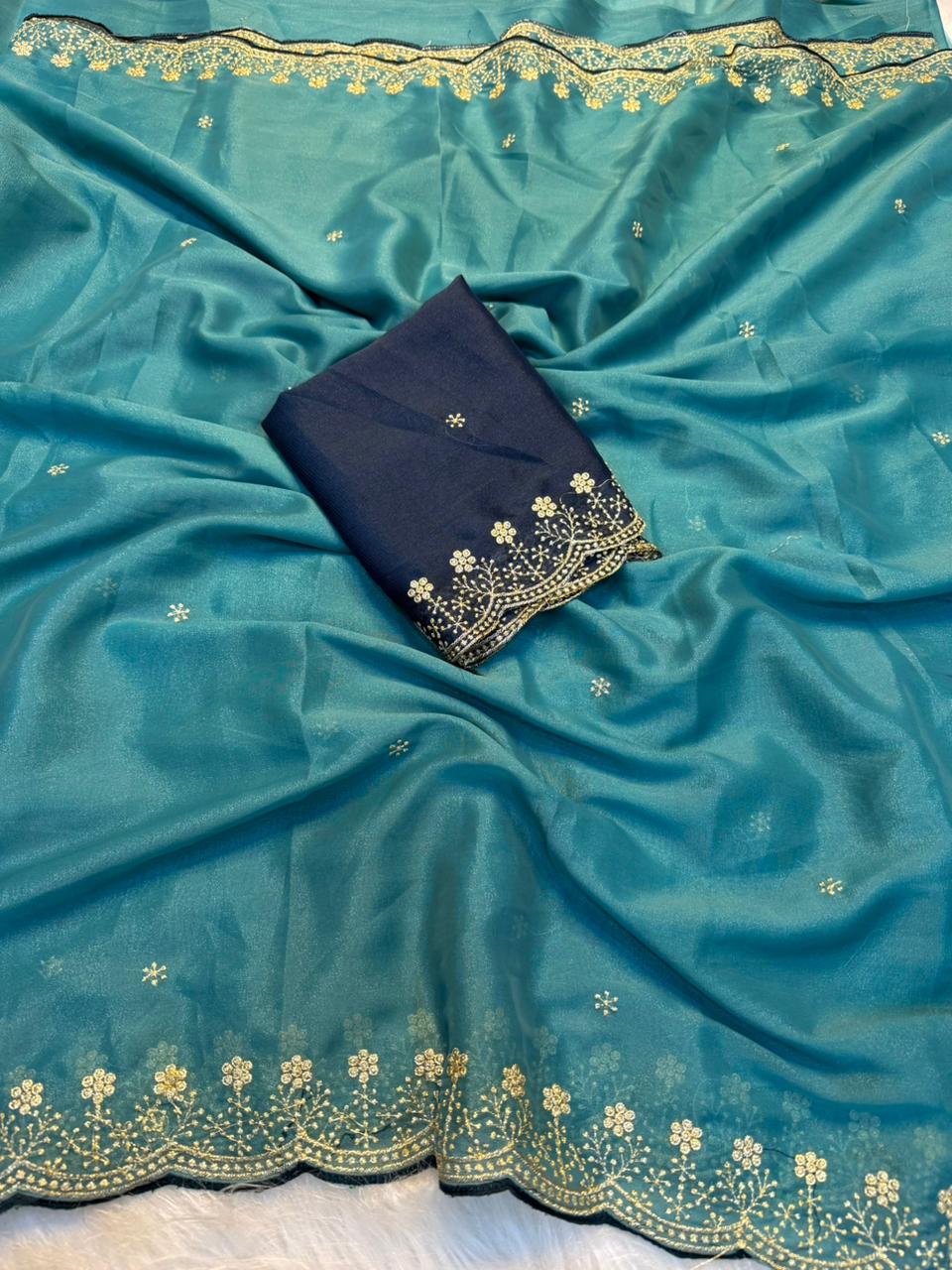 Exquisite Wedding Wear Pure Soft Georgette Silk Embroidery n Cut Work Designer Saree For Women