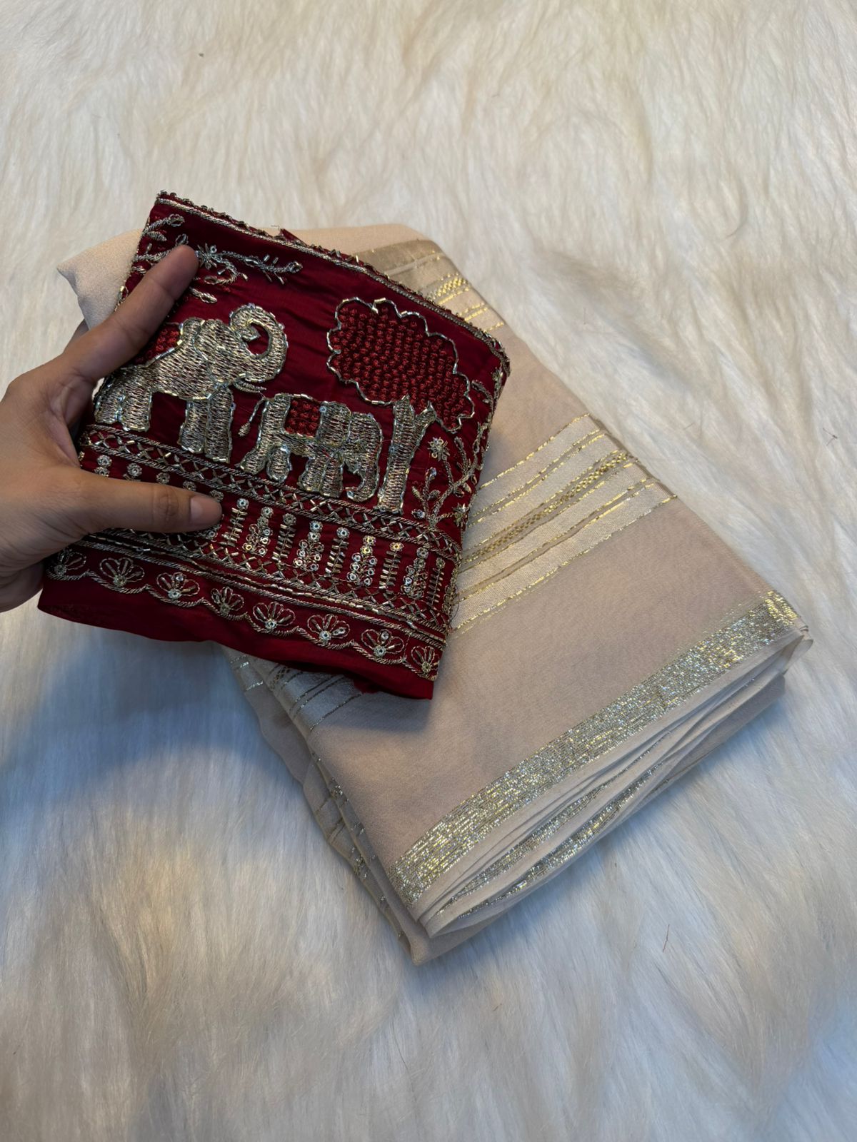 Glorious Festive Wear Pure Viscose Georgette Beads Sequence Work Blouse With Saree