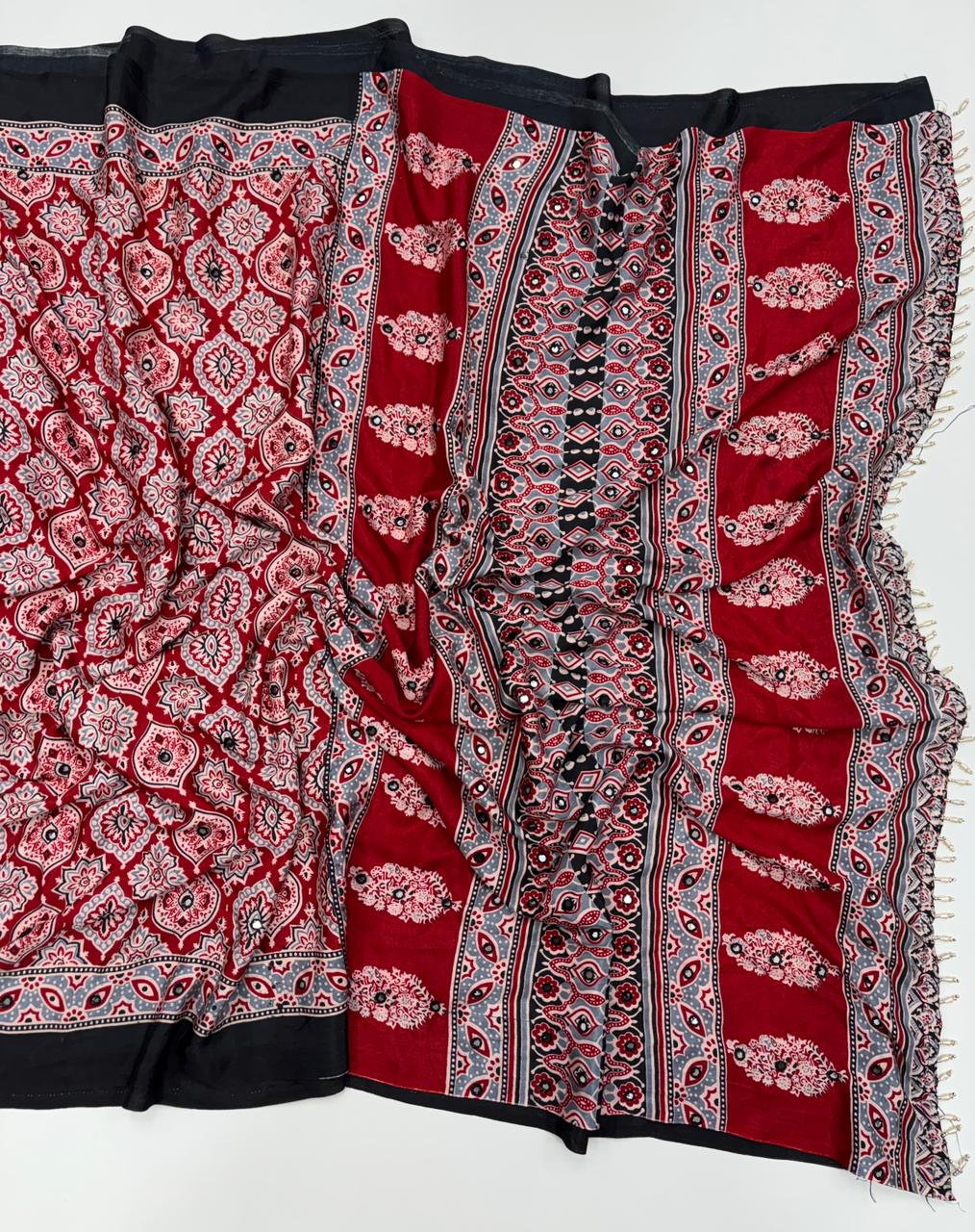 Traditional Festive Wear Satin Silk Print Rich Pallu n Mirror Work Fancy Desinger Saree For Women