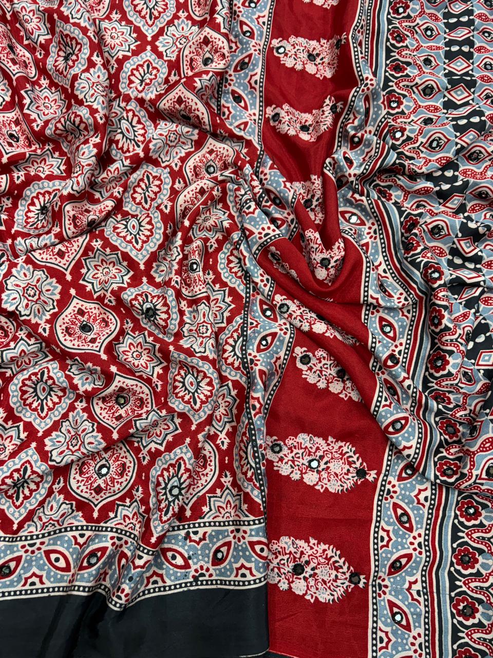 Traditional Festive Wear Satin Silk Print Rich Pallu n Mirror Work Fancy Desinger Saree For Women