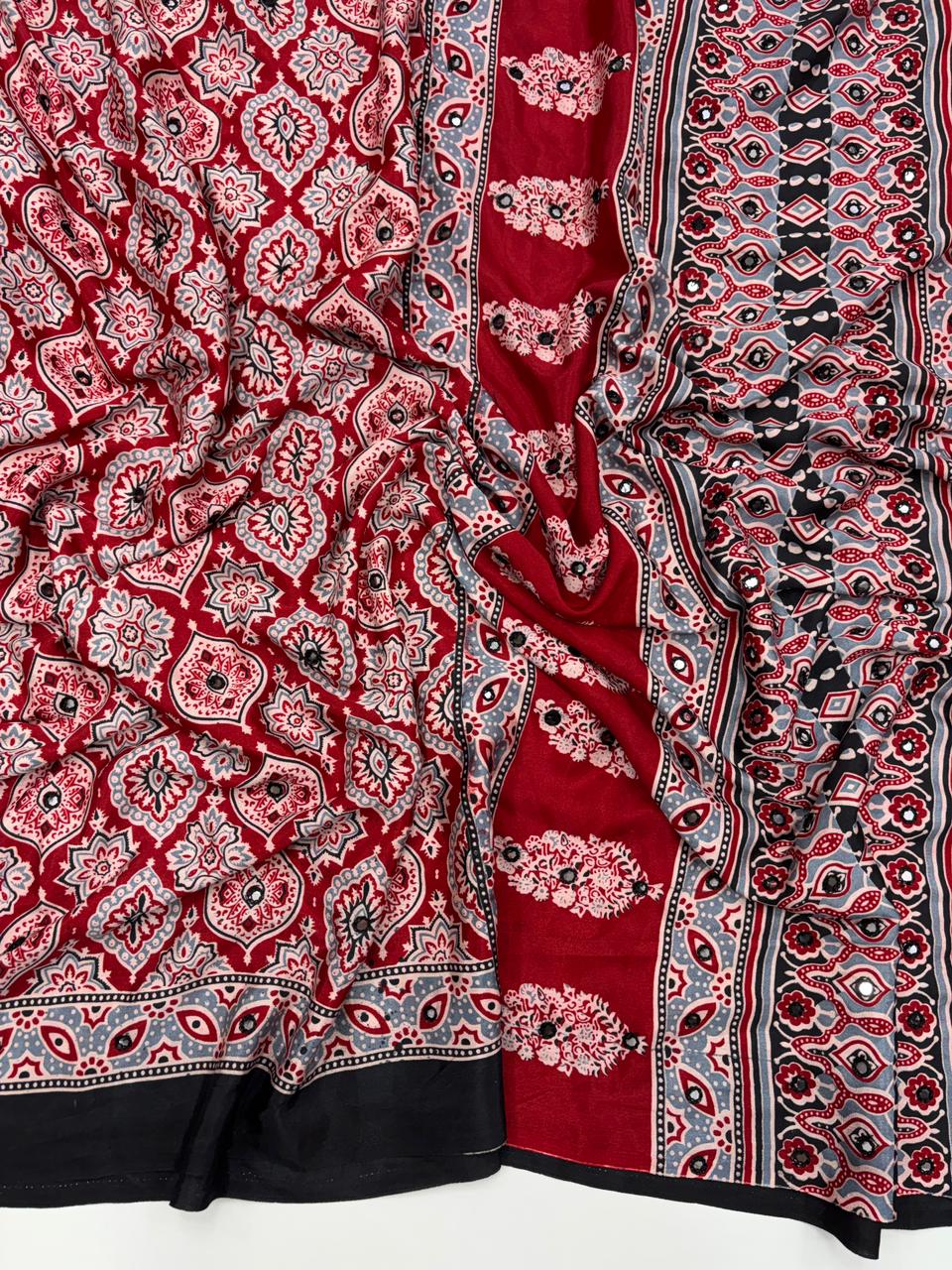 Traditional Festive Wear Satin Silk Print Rich Pallu n Mirror Work Fancy Desinger Saree For Women