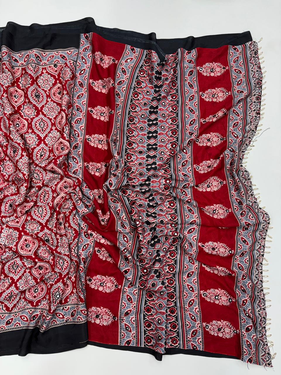 Traditional Festive Wear Satin Silk Print Rich Pallu n Mirror Work Fancy Desinger Saree For Women