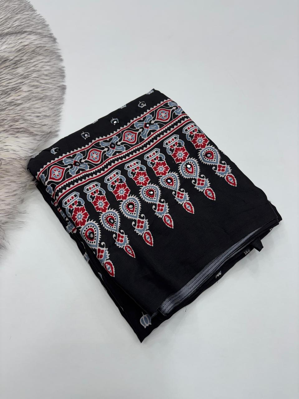 Divine Party Wear Satin Silk Print Rich Pallu n Mirror Work Fancy Saree With Blouse Piece