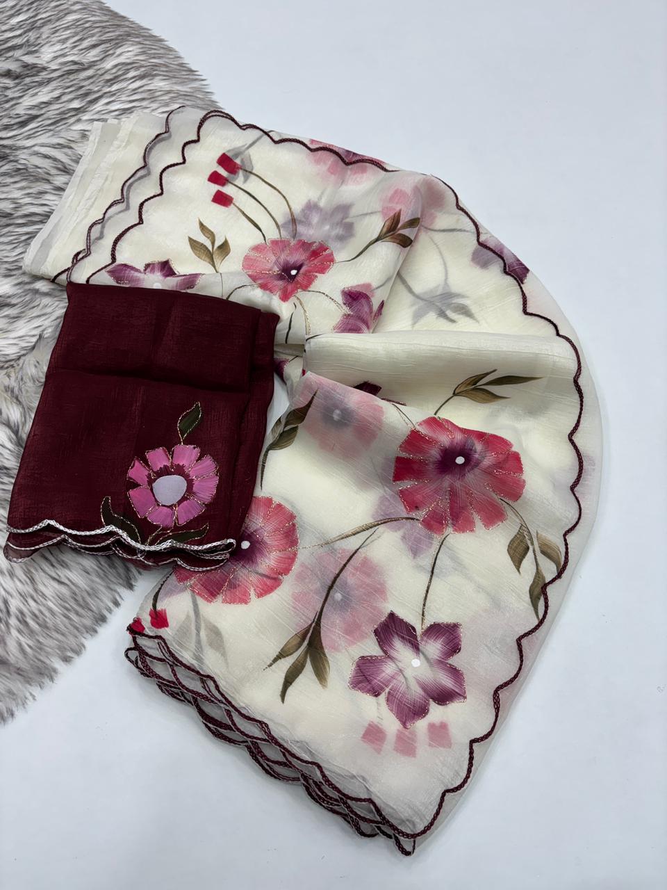 Demanding Function Wear Crunchy Crush Soft Silk Brush Print CutWork Border Fancy Saree For Occasion