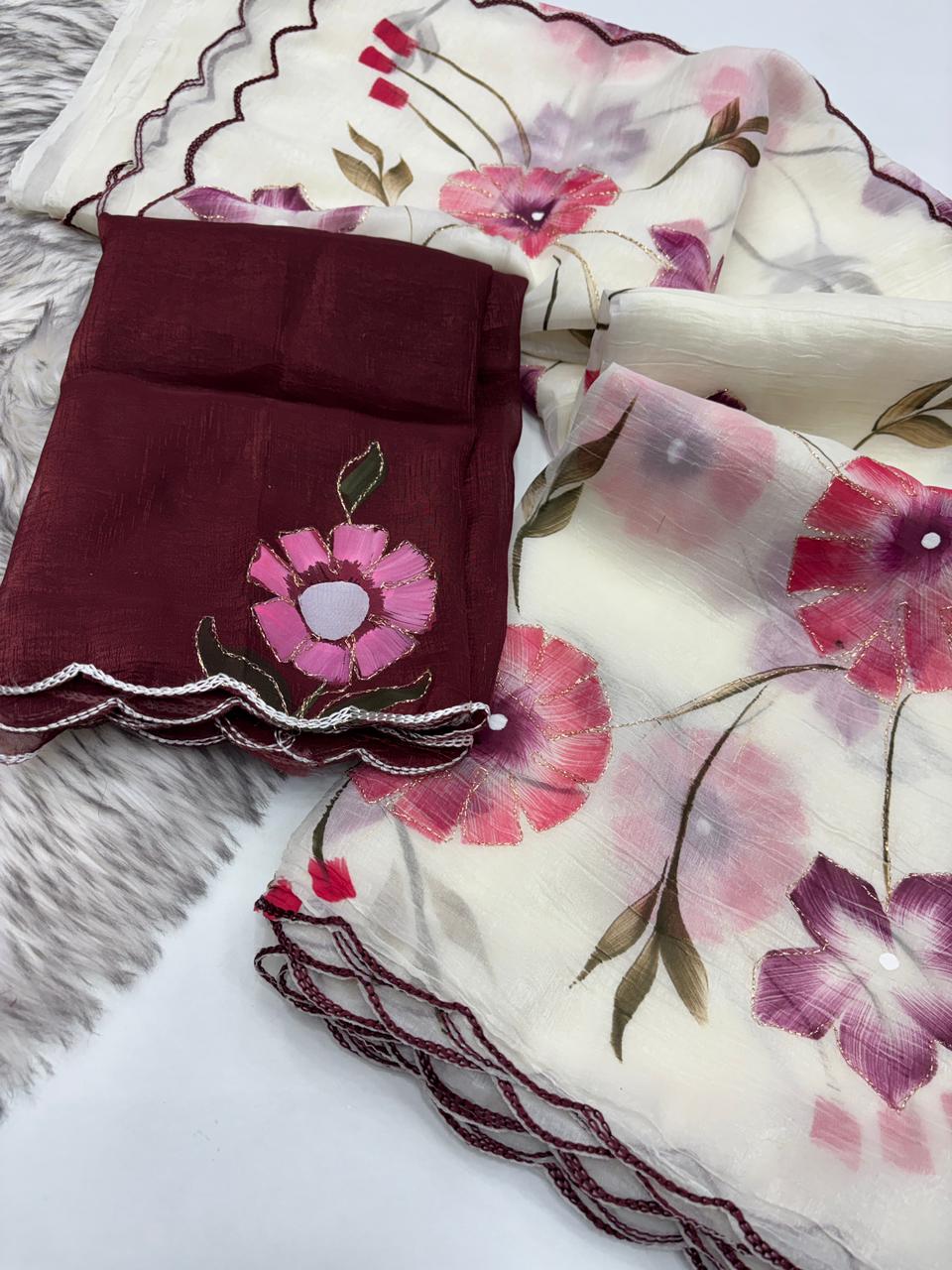 Demanding Function Wear Crunchy Crush Soft Silk Brush Print CutWork Border Fancy Saree For Occasion