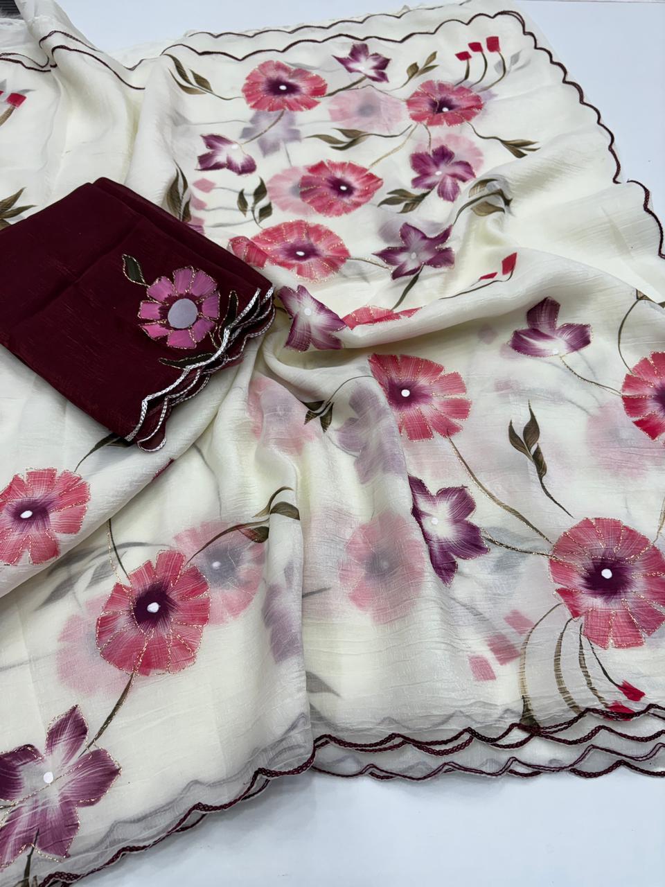 Demanding Function Wear Crunchy Crush Soft Silk Brush Print CutWork Border Fancy Saree For Occasion