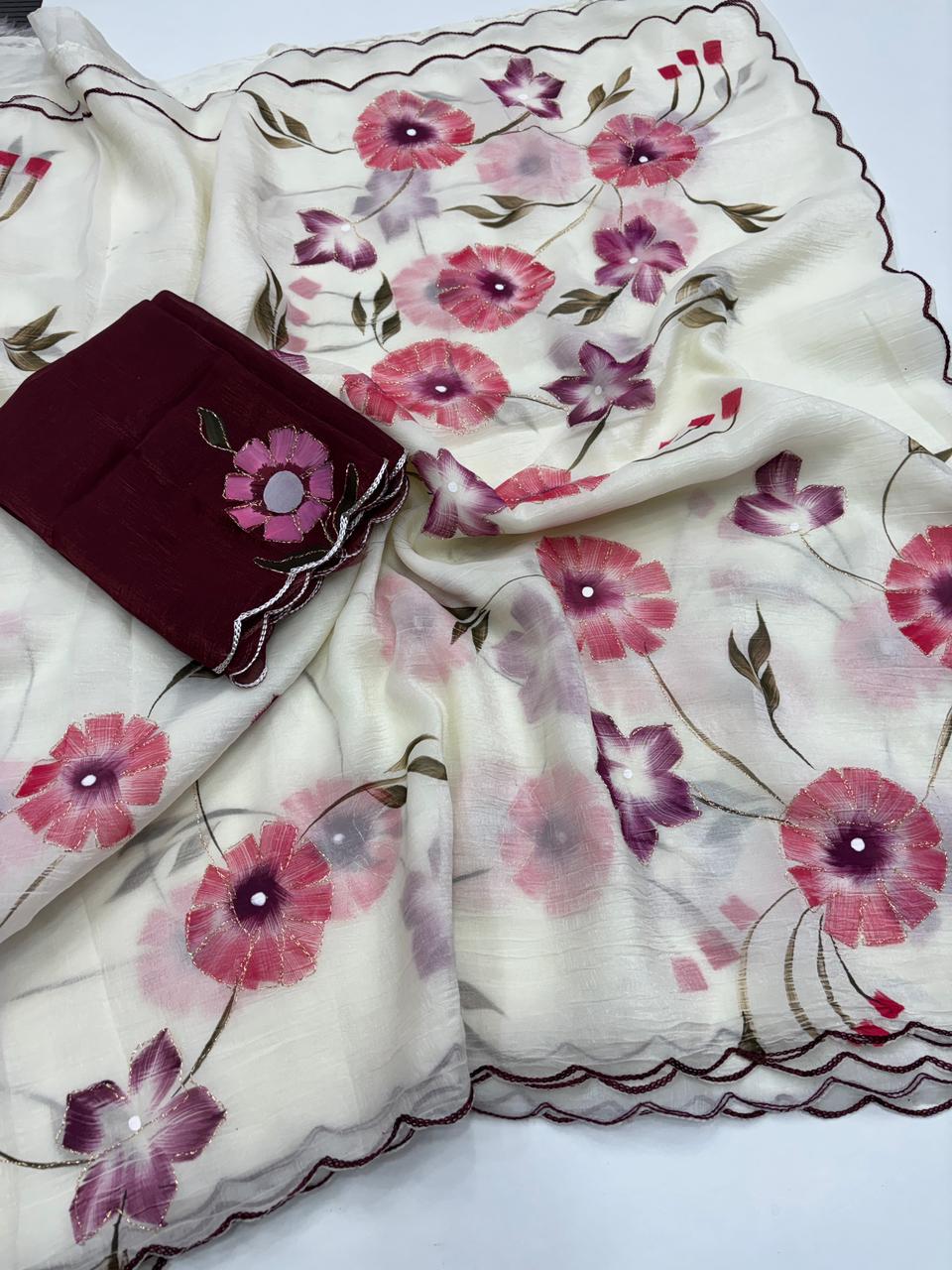 Demanding Function Wear Crunchy Crush Soft Silk Brush Print CutWork Border Fancy Saree For Occasion