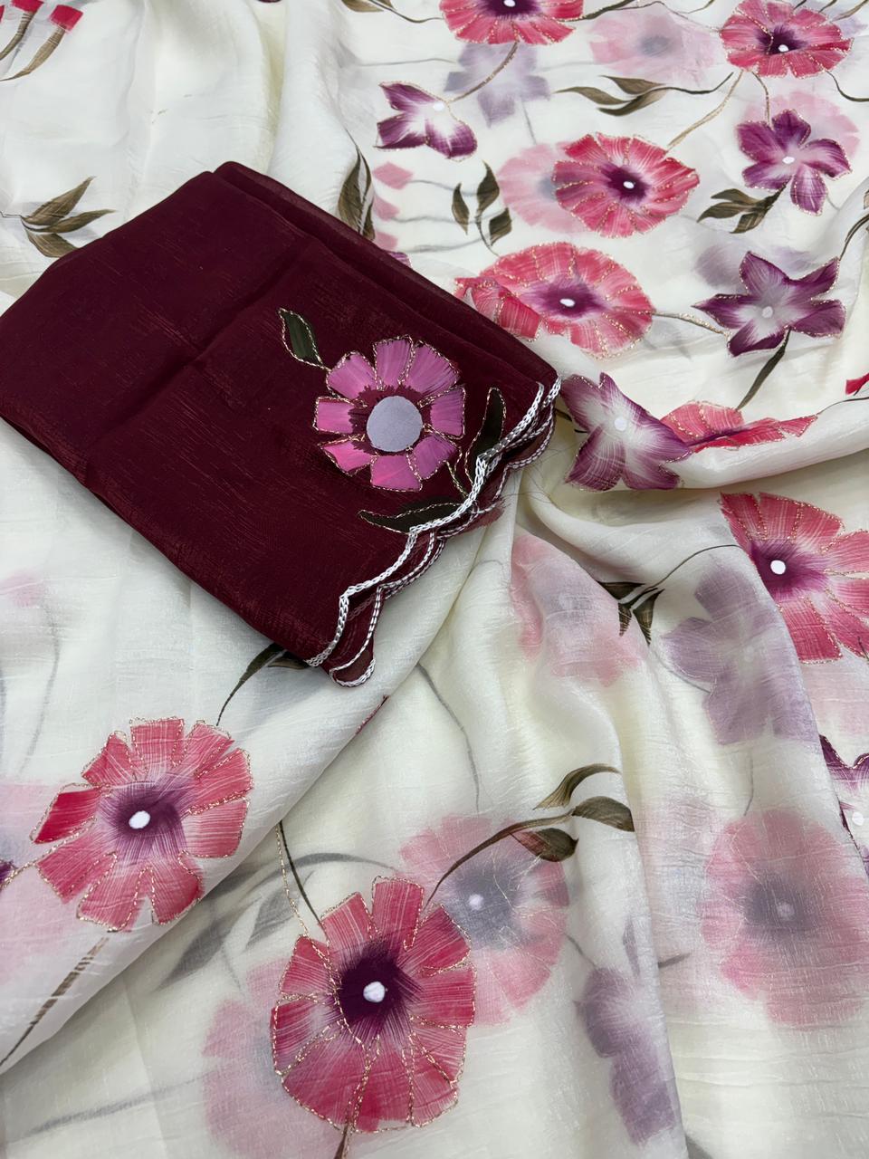 Demanding Function Wear Crunchy Crush Soft Silk Brush Print CutWork Border Fancy Saree For Occasion