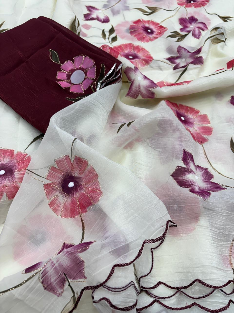 Demanding Function Wear Crunchy Crush Soft Silk Brush Print CutWork Border Fancy Saree For Occasion