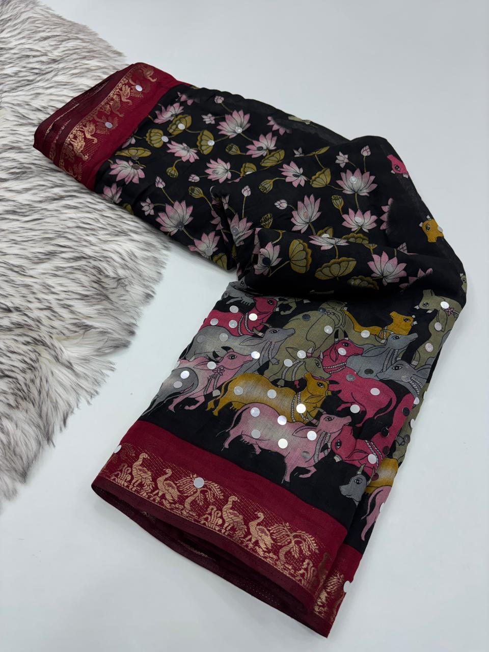 Incomparable Party Wear Pure Mangalkari Viscose Silk Jacquard Border Original Mirror Work Fancy Saree With Blouse