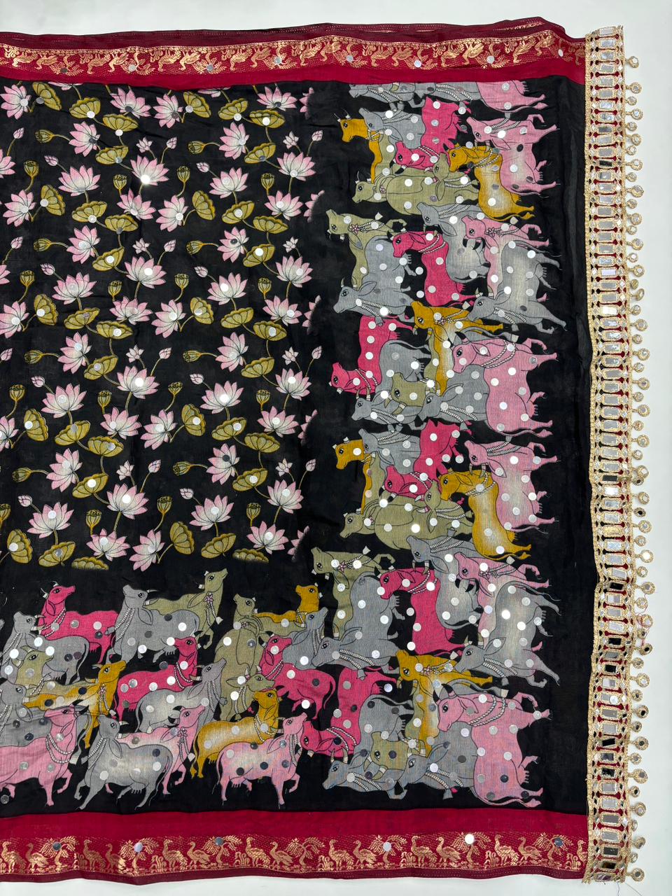 Incomparable Party Wear Pure Mangalkari Viscose Silk Jacquard Border Original Mirror Work Fancy Saree With Blouse