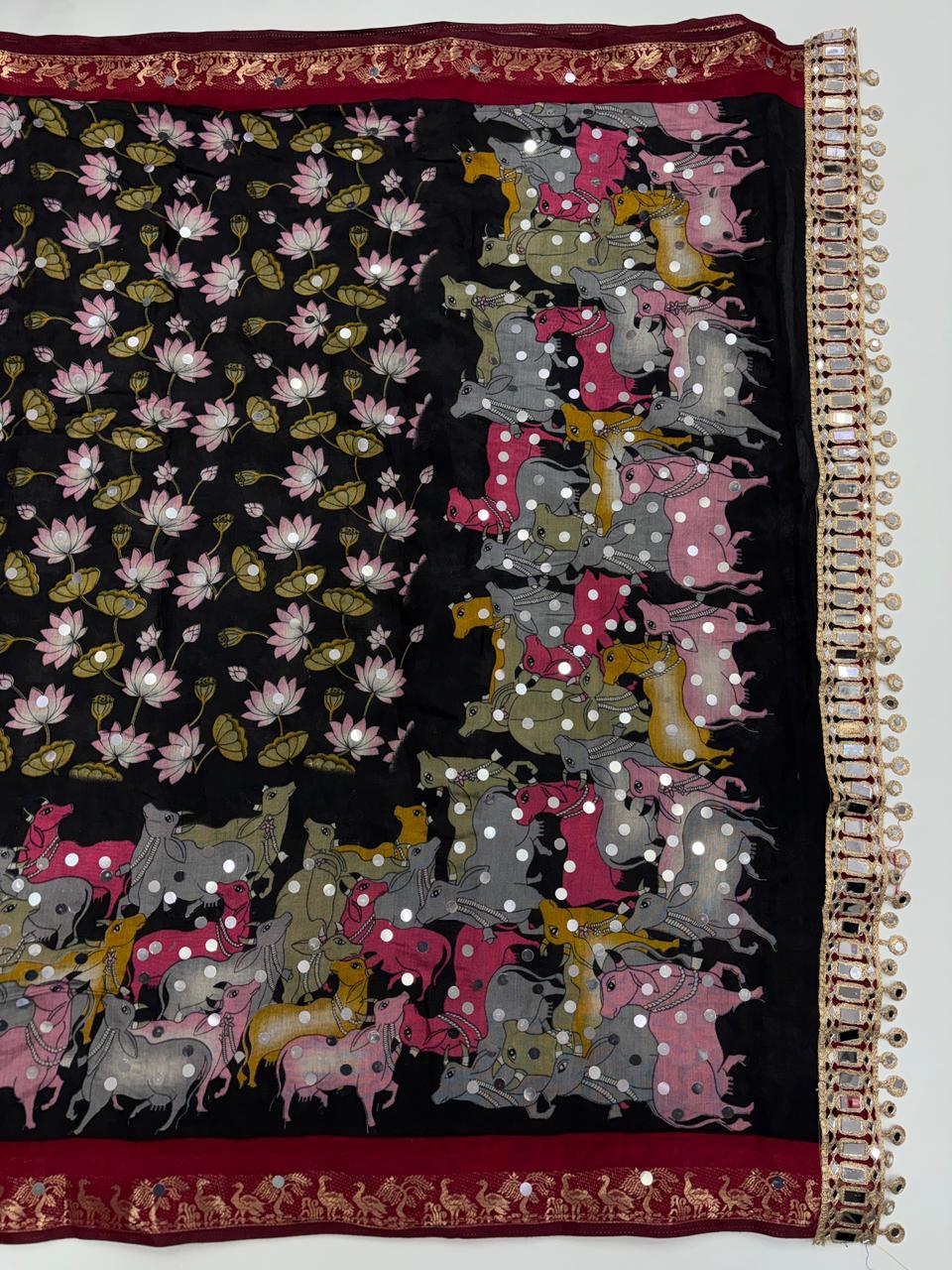 Incomparable Party Wear Pure Mangalkari Viscose Silk Jacquard Border Original Mirror Work Fancy Saree With Blouse