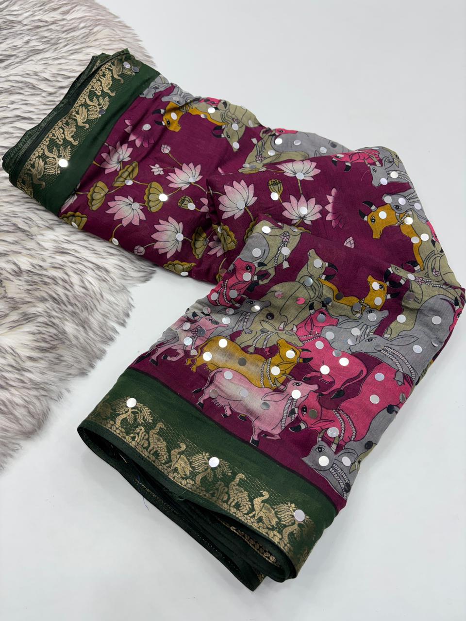Incomparable Party Wear Pure Mangalkari Viscose Silk Jacquard Border Original Mirror Work Fancy Saree With Blouse