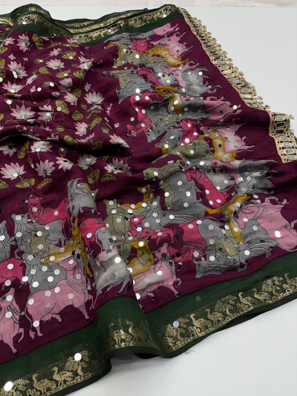 Incomparable Party Wear Pure Mangalkari Viscose Silk Jacquard Border Original Mirror Work Fancy Saree With Blouse
