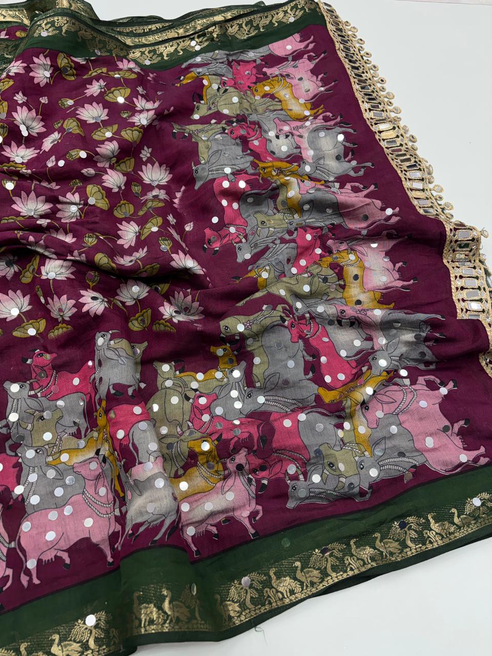 Incomparable Party Wear Pure Mangalkari Viscose Silk Jacquard Border Original Mirror Work Fancy Saree With Blouse