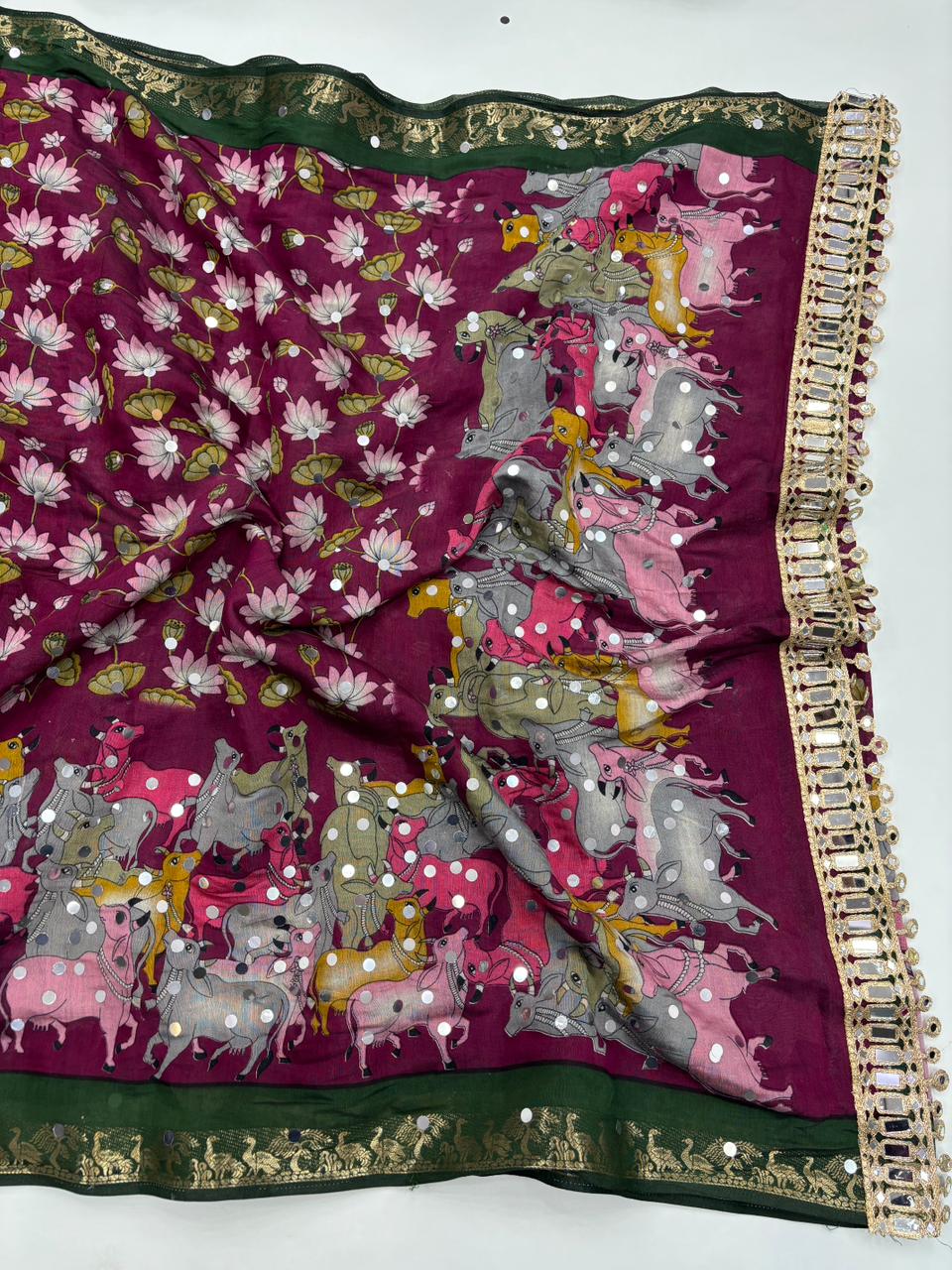 Incomparable Party Wear Pure Mangalkari Viscose Silk Jacquard Border Original Mirror Work Fancy Saree With Blouse