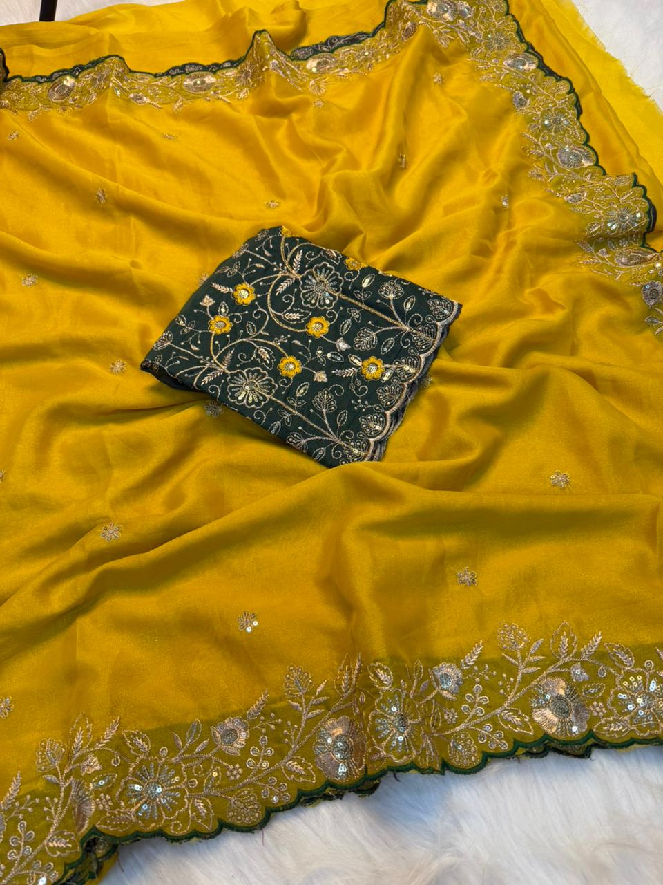 Charming Wedding Wear Georgette Heavy Sequence Work Saree With Contrast Blouse Piece